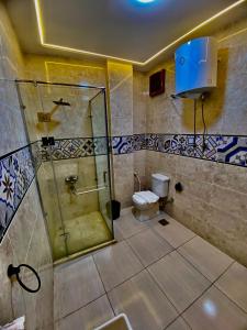 ein Badezimmer mit Dusche und Toilette in der Unterkunft Pyramidsfort & free pickup shuttle in Giza