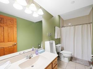 a bathroom with a sink and a toilet and a mirror at Beautiful home in Bridgeview! in Bridgeview +30 photos