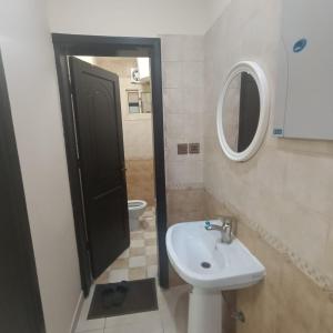 a bathroom with a sink and a mirror and a toilet at شقة مفروشة بتبوك in Tabuk