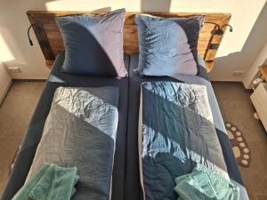 2 Einzelbetten in einem Zimmer mit Kissen in der Unterkunft Spatz am Joch Zeit für Berge in Bad Hindelang + 33 Fotos