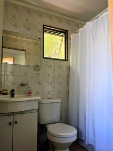 a bathroom with a toilet and a sink and a mirror at Casa en Pingueral para 7 personas in Dichato