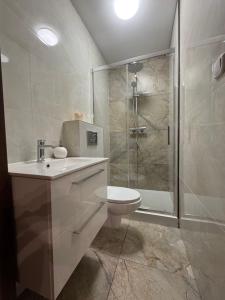 a bathroom with a toilet and a shower at Air AMBER PEN LOTNISKO parking in Kaszów