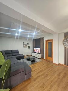 a living room with a couch and a tv at Villa Barros in Câmara de Lobos