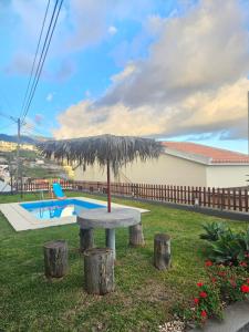 a picnic table with a straw umbrella in a yard at Villa Barros in Câmara de Lobos