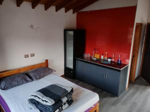 een slaapkamer met een bed en een rode muur bij Cabañas Mirador de Maitencillo 2 in Maitencillo