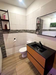 a bathroom with a toilet and a sink and a mirror at Nali Room in La Vespière +14 photos