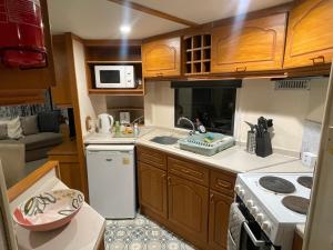a small kitchen with a sink and a stove at Skye Holiday Caravan 6 in Uig