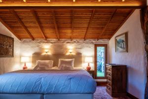 a bedroom with a blue bed and a wooden ceiling at Villa Serenitas in Arona +85 photos