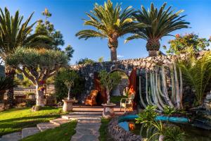 a garden with palm trees and a stone wall at Villa Serenitas in Arona