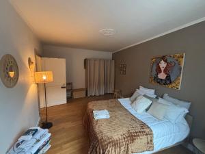 een slaapkamer met een bed en een lamp erin bij Gîte du Palais 3 étoiles in Châteauneuf-sur-Cher