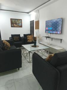 a living room with couches and a table and a tv at Résidence meuble in Abidjan