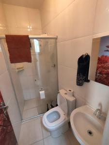 a bathroom with a toilet and a shower and a sink at Kitnet no Morro dos Conventos in Araranguá