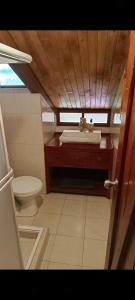 een kleine badkamer met een wastafel en een toilet bij Mindo Suites in Mindo