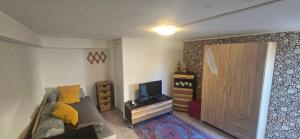 a living room with a couch and a television at Small, cozy tiny apartment, complete in Lichtenau