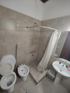 een badkamer met een toilet, een wastafel en een douche bij HA! 2 Resi para estudiantes in Cordoba +9 foto's