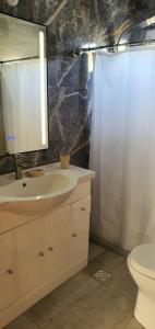 a bathroom with a sink and a toilet and a mirror at Casa en Punta Colorada con gran fondo y fogón in Punta Colorada