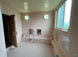 a bathroom with a shower and a sink at Kamoshika Lodge Hakuba in Minami Otari