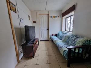 un salon avec un canapé et une télévision dans l'établissement El Chalet del Gato, apartamento 3, à Viña del Mar