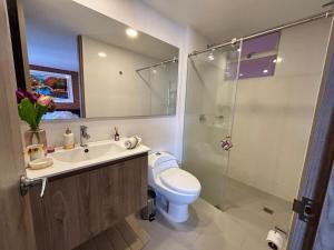 een badkamer met een toilet, een wastafel en een douche bij Luxury, Comfort central área in Pasto +28 foto's