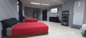 een slaapkamer met een rood bed en een flatscreen-tv bij La Patrona Hostal in Santa Cruz Xoxocotlán