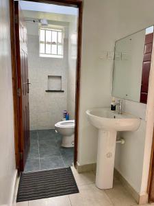 een badkamer met een wastafel, een toilet en een spiegel bij Grey Nest Grey point 303 in Kericho