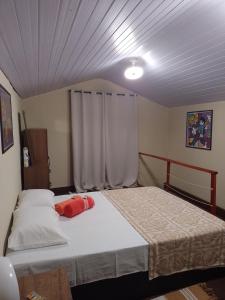 a bedroom with a large bed with a ceiling at Chalé Vista da Serra in Pedro II +28 photos