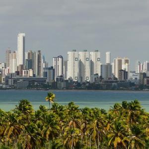 uno skyline cittadino con palme di fronte all'acqua di Apartamento Fest Verão a Cabedelo