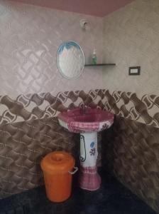 ein Badezimmer mit einem rosa Waschbecken und einem Eimer in der Unterkunft Omkar Coastal Retreat in Kāsarkod