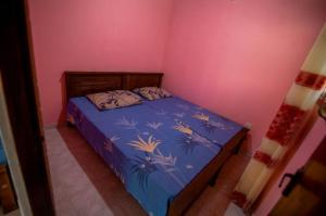 a bedroom with a bed with a blue comforter at Villa Ransanda in Warakagoda