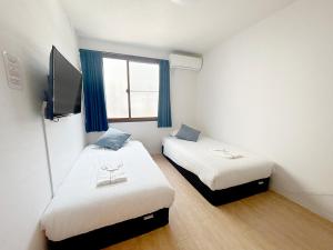 a room with two beds and a flat screen tv at D旅館　Dryokan in Tokyo