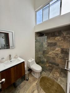 a bathroom with a toilet and a sink and a shower at Casa kai in Agujas