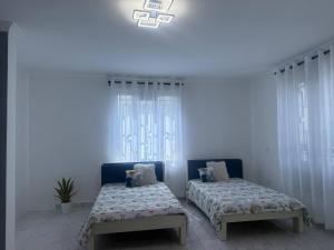 two beds in a room with blue walls and windows at Serene 3-Bedroom House in Pridelands, Nairobi in Syokimau