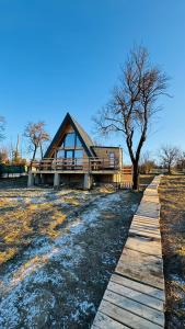 einen Holzweg, der zu einem Haus mit einem Baum führt in der Unterkunft IezerVenture Cabins - Pattaya in Şelari