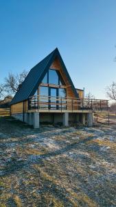 eine Hütte mit schwarzem Dach auf einem Feld in der Unterkunft IezerVenture Cabins - Pattaya in Şelari