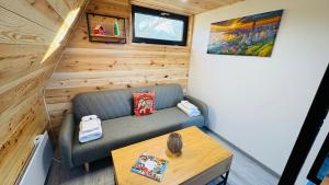 ein kleines Haus mit einer Couch und einem Tisch in der Unterkunft IezerVenture Cabins - Pattaya in Şelari