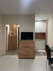 a living room with a television on a wooden dresser at Mini House Shumen in Shumen