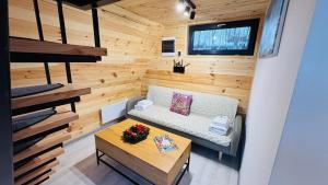 een kleine kamer met een bank en een tafel bij IezerVenture Cabins - Chiang Rai in FierbinÅ£i
