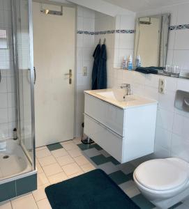 a bathroom with a sink and a toilet and a shower at Ferienwohnungen Binder in Mauth