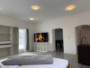 a bedroom with a bed with a tv on the wall at FriedlHof Kärnten in Feldkirchen in Kärnten