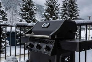 a bbq grill on a balcony with snow covered trees at Qs Hideaway in Mackenzie Village in Revelstoke