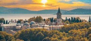 a city with a clock tower and a church at Emirhan Inn Hotel, Sultanahmet in Istanbul