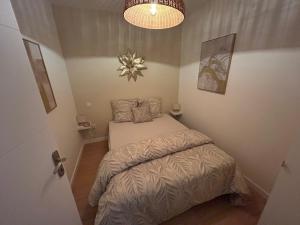 een kleine slaapkamer met een bed en een kroonluchter bij Romantic Victorian guest room calm environment in Gragnague