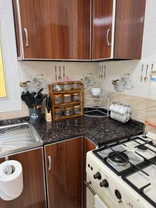 a kitchen with a stove and a counter top at The Moonridge Retreat in Sinādil