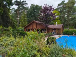 a house with a swimming pool in a yard at Private Chalet Heppie People in Doornspijk