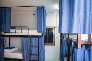 two bunk beds in a room with blue curtains at Revolution Pai In Town in Pai +22 photos
