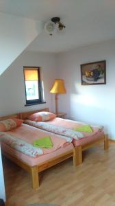 a bedroom with two twin beds with a window at Przytulny kąt in Białowieża