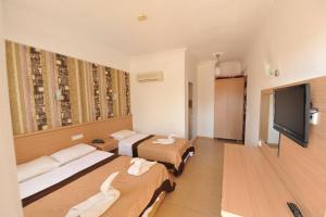 オルデニズにあるTaner Otelのベッド2台、薄型テレビが備わるホテルルームです。