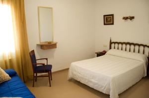 a bedroom with a bed and a chair and a mirror at Hotel Álvarez in Tuéjar