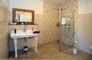 y baño con lavabo y ducha. en Villa Rosamunde en Burg (Spreewald)