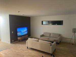 a living room with a couch and a flat screen tv at Hotell Sjyen in Nesna